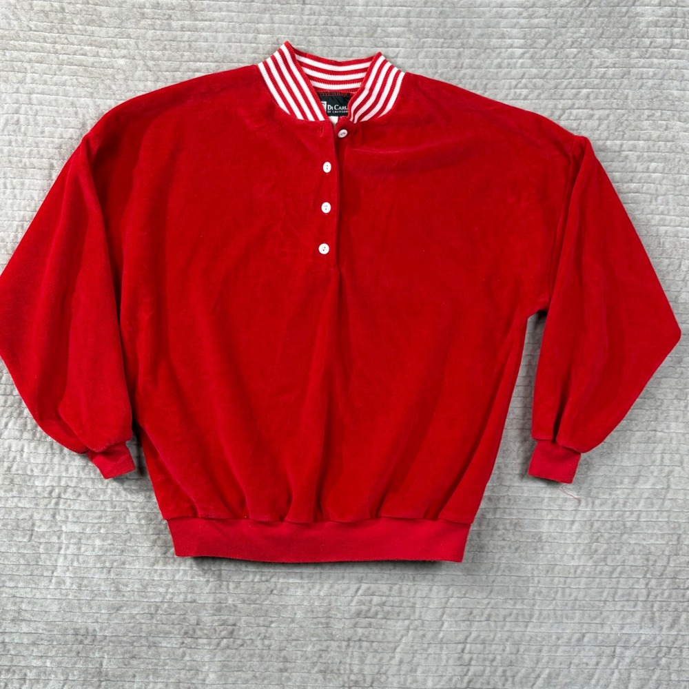 Vintage Di Carlo of California Red Velour Henley Sweatshirt Small Striped Collar - Picture 1 of 7